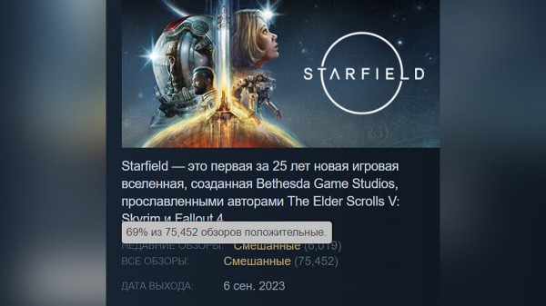 69% положительных отзывов: игроки продолжают снижать рейтинг Starfield в Steam
69% положительных отзывов: игроки продолжают снижать рейтинг Starfield в Steam