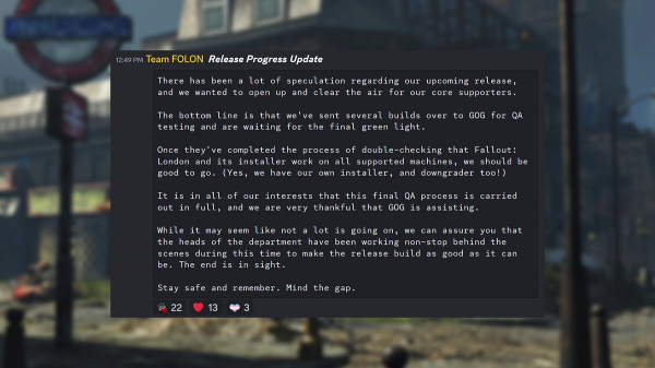 Масштабный мод Fallout London готов: команда ждет «зеленый свет» от GOG
Масштабный мод Fallout London готов: команда ждет «зеленый свет» от GOG